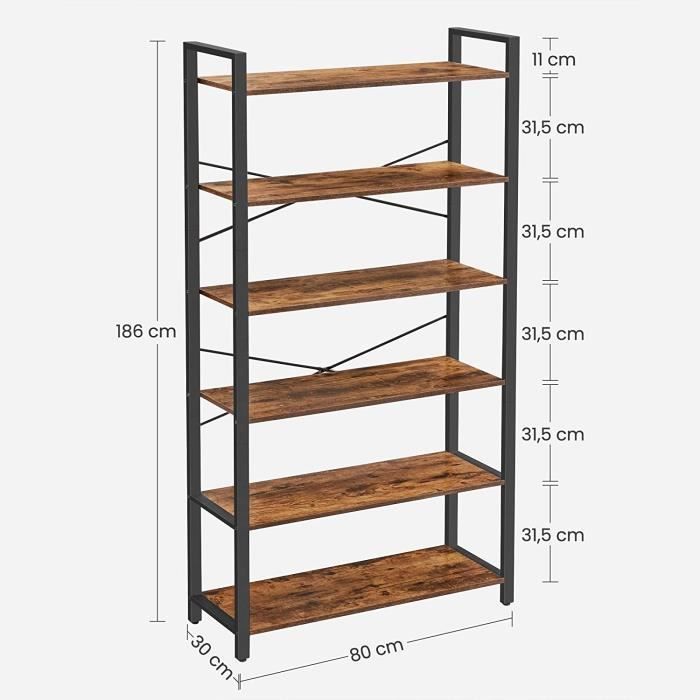 Bibliothèque 6 étagères Industrielle – 30x80x186 Cm, Structure Métal Et Panneaux Bois, Style Rustique Et Noir - 9