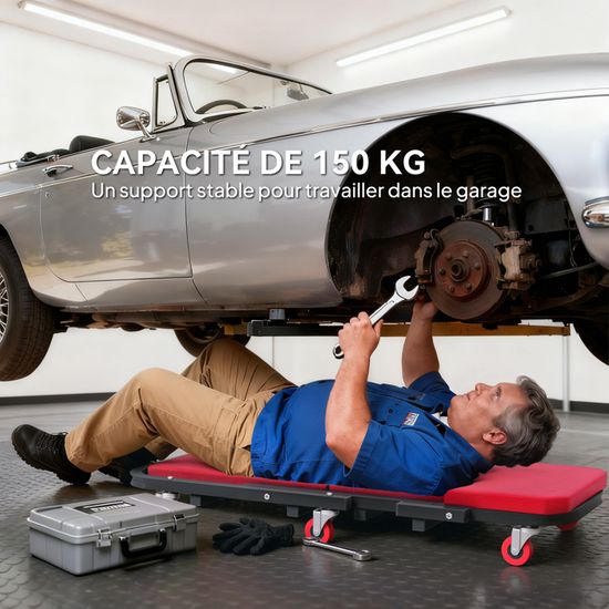 Planche De Montage 2-en-1 AUFUN Pour Voiture - Métal Robuste, 150 Kg, 6 Roulettes 360°, Convertible En Siège - 92x44x12 Cm - Noir