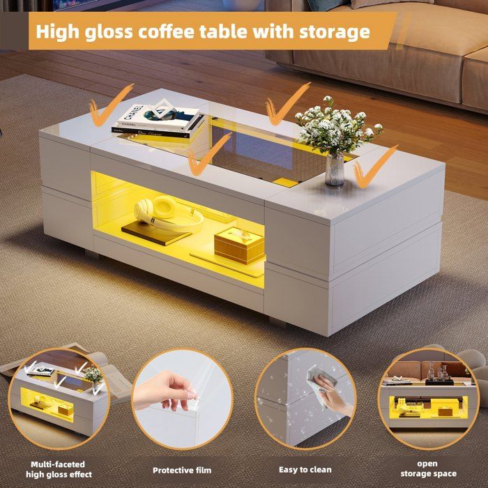 Table Basse Merax Moderne Avec LED - Blanc Brillant - 96x45x45 Cm - Éclairage 16 Couleurs - Étagères De Rangement