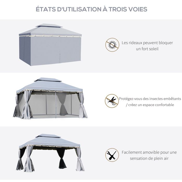 Tonnelle barnum pavillon de jardin style colonial double toit toile moustiquaires et toiles amovibles 3,9L x 2,9l x 2,8H m chocolat - Jardin