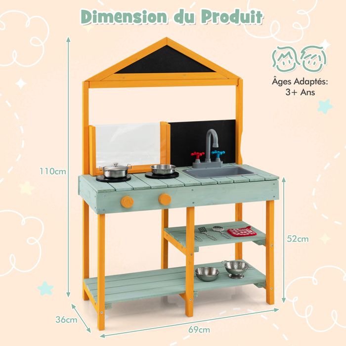 DREAMADE Cuisine Enfants en Bois, Jeu de Cuisine Extérieure avec Bac à Plantes, 2 Tableaux Noirs, Evier Amovible, Etagères de Rangement, Ustensiles de Cuisine, pour Enfants de 3+ Ans (Vert