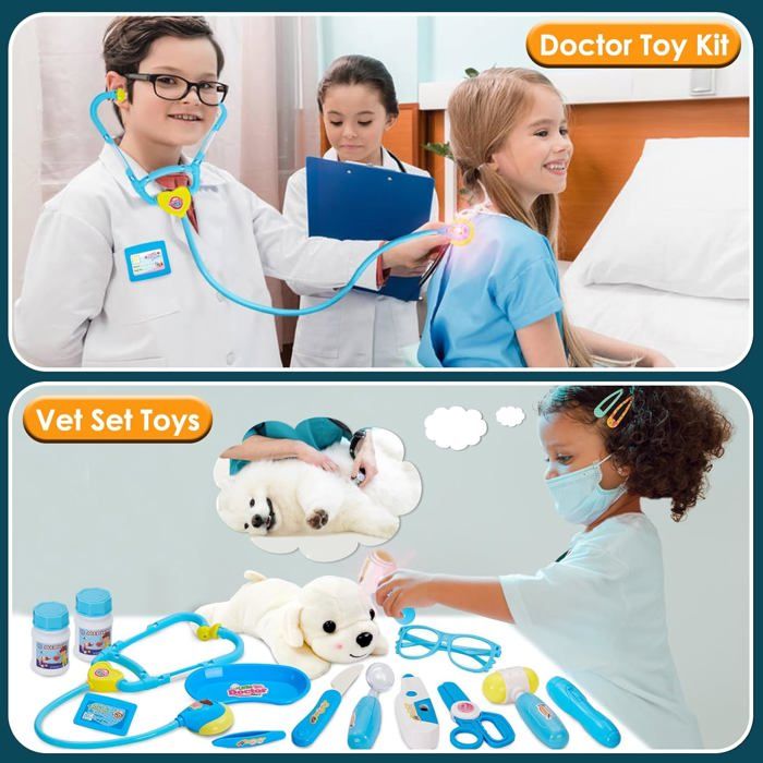 Mallette Docteur Enfant En Bois DKDDSSS – Stéthoscope, Seringue, Blouse Lavable, Masque, Lunettes – Jeu De Rôle Médical Dès 3 Ans