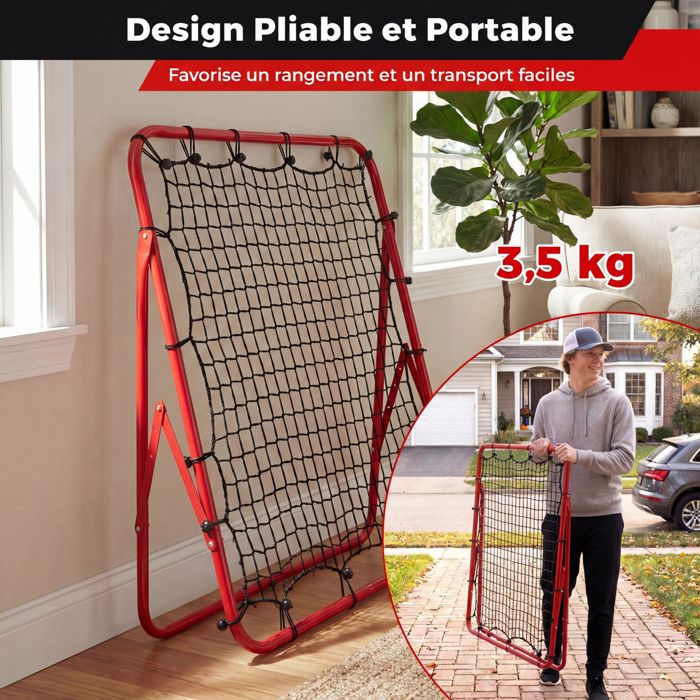 Filet De Rebond Football HOMCOM 175x115cm - Rebondisseur Entraînement Angle Réglable Rouge Blanc