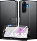 Coque pour Samsung Galaxy A36 5G / A56 5G + 2 Pièces Verre Trempé, Étui de Protection Housse Premium en Cuir PU, Noir - TECHTA