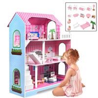 LILIIN Grande maison de poupée en bois avec meubles et accessoires, maison de poupée à 3 niveaux (100 x 36 x 70cm)