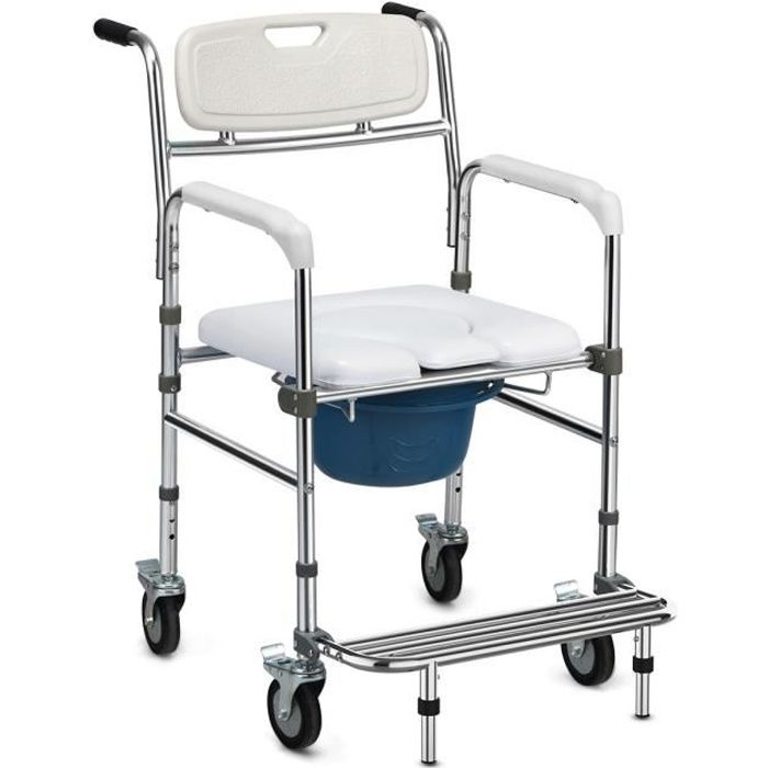 COSTWAY Chaise Percée à Roulettes Seau Amovible Repose-pieds Pliable Accoudoirs pour Handicapés Personnes Agés en Aluminium