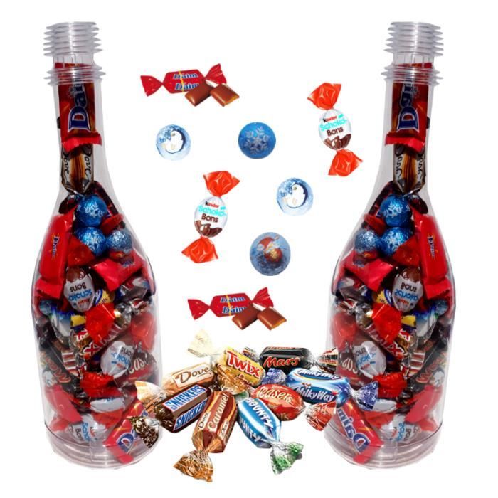 2 Choco' bouteilles de Noël garnies de 50 chocolats kinder Schokobons, Daim, biscuits Lu, Celebrations - IDEE CADEAU NOEL