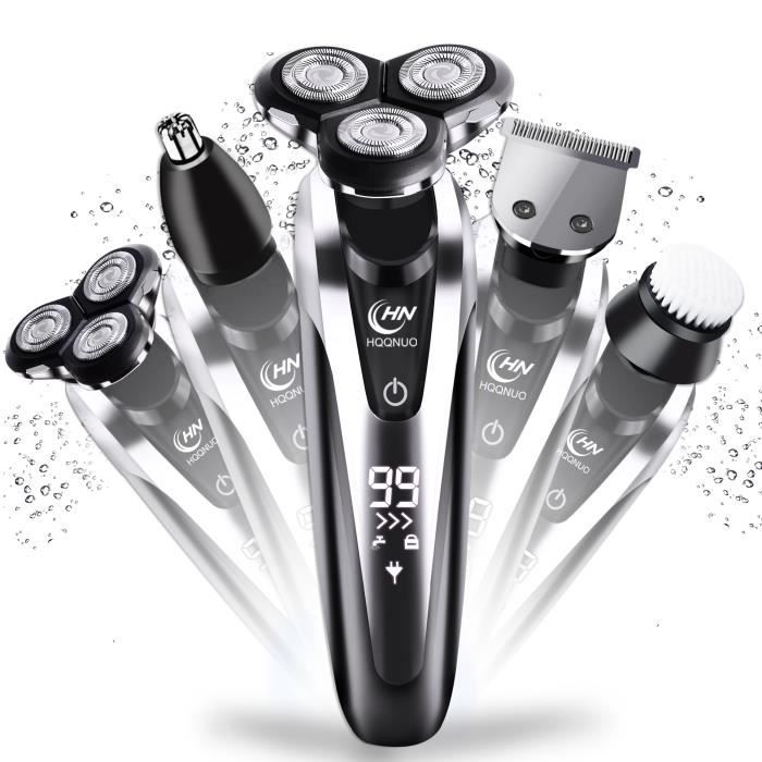 HQQNUO Rasoir Electrique, 5 En 1 Wet & Dry Rasoir Electrique Homme, Ecran LCD avec Moustache Nez Tondeuse Brosse Visage de nettoyage