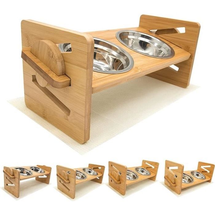 Bol Pour Chat,Inclinable à 15° Double Gamelle Chat Surélevée,Quatre Hauteur Réglable, Bol en Acier Inoxydable et Tapis Antidérapan