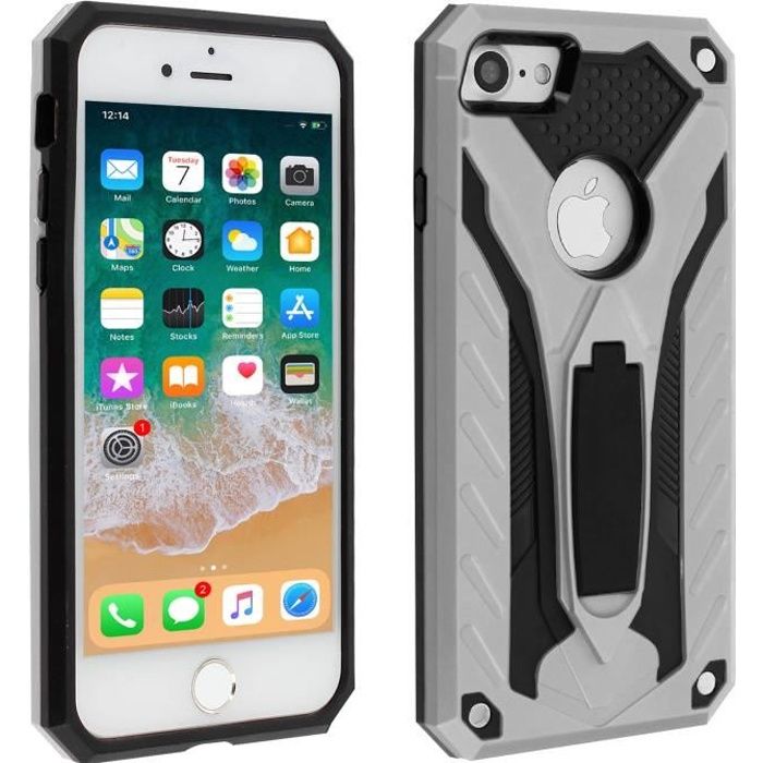 Coque iPhone 7 et 8 Protection Bi-matière Antichoc Fonction Support Argent Gris