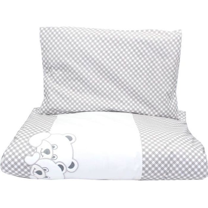 Callyna®- Housse de couette 135 x 100 cm et taie. Parure bébé en pur coton, fabriquée en UE. 2 Oursons Gris Blanc