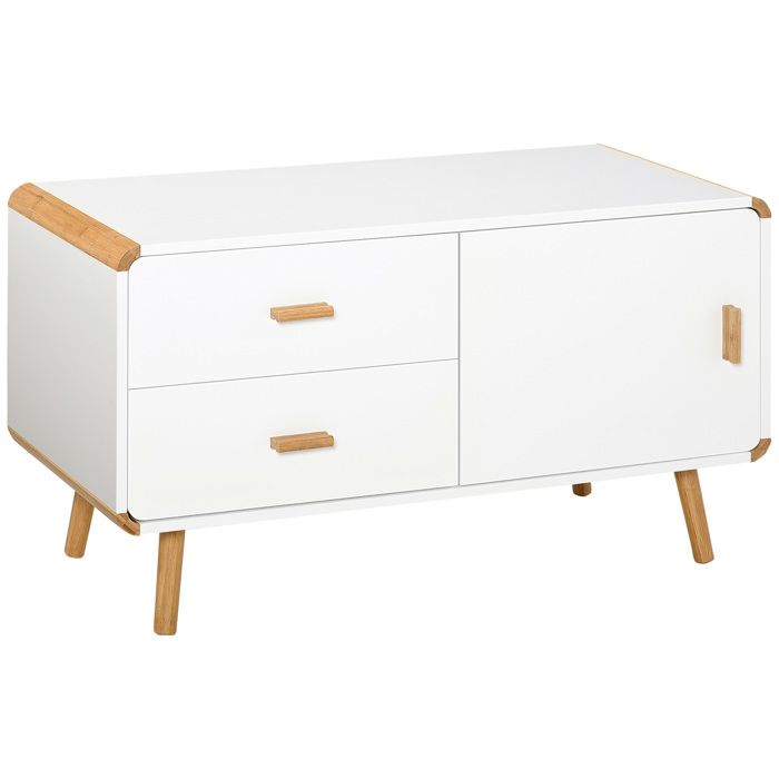 Meuble TV bas sur pieds style scandinave 2 tiroirs et placard MDF blanc bois massif bambou 100x47x55cm Blanc