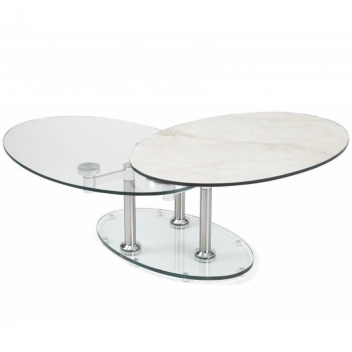 Table basse DOUBLE CÉRAMIQUE MARBLE blanc à plateaux pivotants en verre blanc céramique Inside75