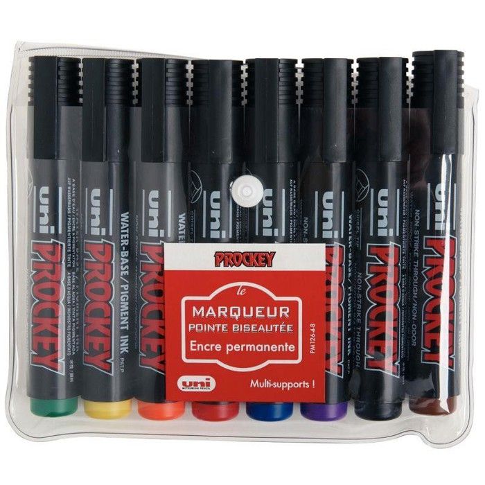 Pochette de 8 marqueurs permanents biseautés uni-ball PROCKEY assortis