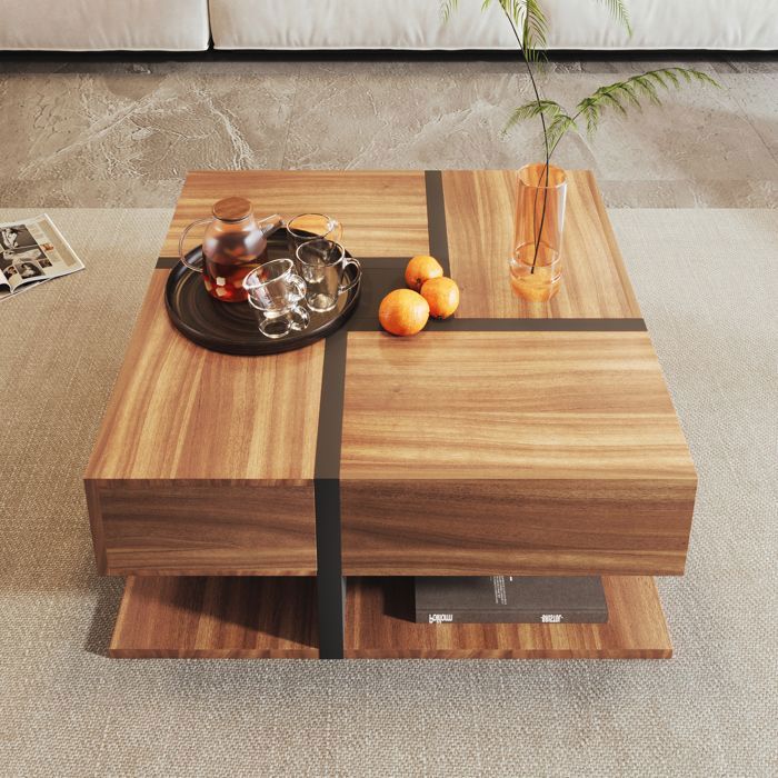 Table basse avec 4 tiroirs coordination unique des couleurs et design des lignes espace de rangement en dessous 78 x 78 x 36 cm