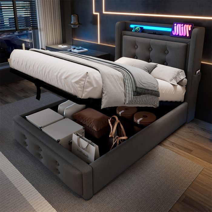 Lit Coffre avec Sommier LED et USB - lit Adulte 1 Place avec Rangement - Lit Ado - 90x200 - Coton Lin - Gris