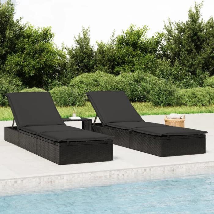 Nouveau Transat 1 pc avec table noir résine tressée，Maximum 110 kg201 x 55 x 62 cm BELLE C53746556