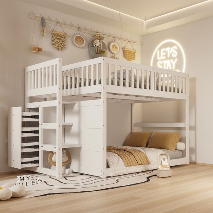 Lit Superposé 140 x 200 cm Lit Double Sécurisé avec Compartiment de Rangement Design Haute Clôture Lit Enfant en Bois Blanc