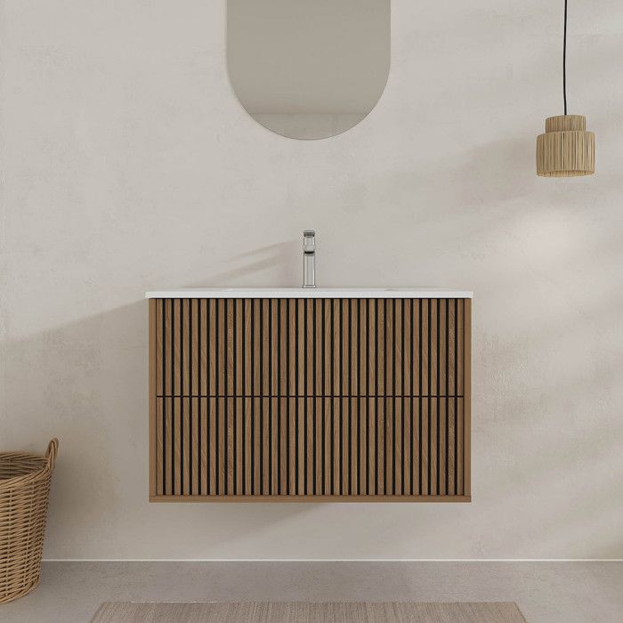 Meuble Salle de Bains 80cm 2 Tiroirs Décor Chêne et Noir Cranté - Vasque Blanche Mate - YUKI