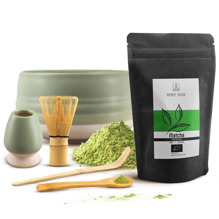 Matcha Kit Bio Premium Thé Mary Rose Japonais 30g - Accessoires Matcha Bol en Céramique Miet 500ml - Bambou Fouet Chasen Cuillère