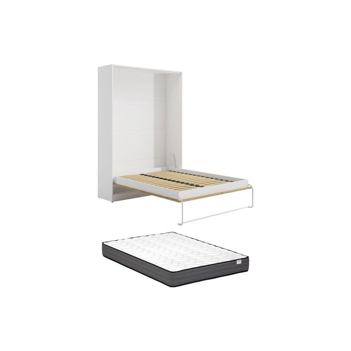 Lit escamotable 140 x 200 cm - Ouverture verticale manuelle - Coloris : Naturel et blanc + Matelas - BEGANIO Lit escamotable 140 x 200 cm - Ouverture verticale manuelle - Coloris : Naturel et blanc + Matelas - BEGANIO