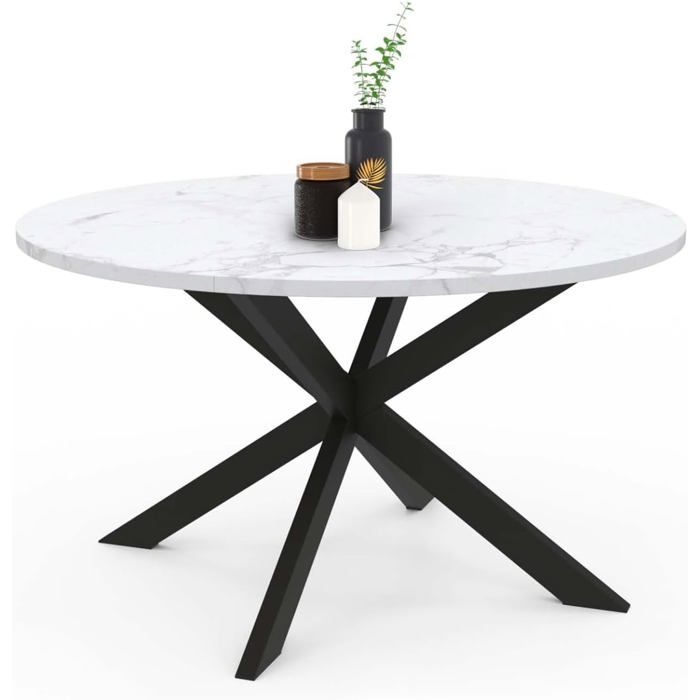 IDMarket Table Basse Ronde Alaska 70 Cm – Plateau Effet Marbre Blanc, Pied Araignée Métal Noir, Style Moderne Chic