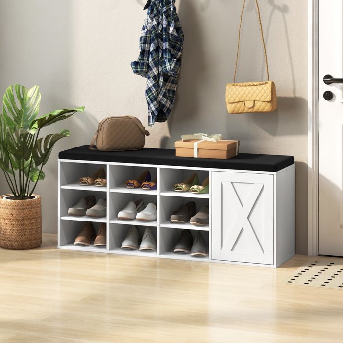 Banc Chaussures Entrée - RELAX4LIFE - 9 Compartiments - 3 Niveaux - Étagères Réglables - Coussin Rembourré - 1 Armoire - Blanc