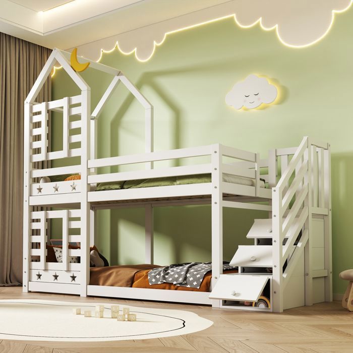 Lit superposé enfant 90 x 200 cm lit cabane avec tiroirs et protection anti-chute 2 sommiers à lattes blanc