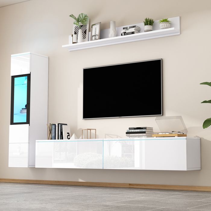 Ensemble de meubles TV 3 pièces éclairage LED blanc brillant Ensemble de meubles de salon Frontale Meuble blanc 1 x armoire TV 1 x