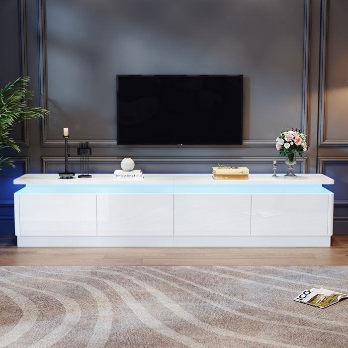 Merax Meuble TV avec 4 Tiroirs pour Centre de Divertissement avec Lumières LED 180cm Banc TV Blanc avec Gestion des Câbles Merax Meuble TV avec 4 Tiroirs pour Centre de Divertissement avec Lumières LED 180cm Banc TV Blanc avec Gestion des Câbles