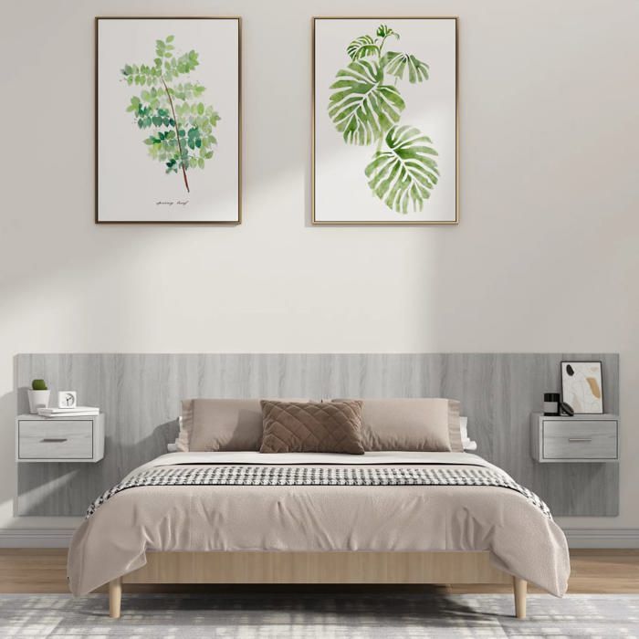 Tête de lit avec armoires - vidaXL - Sonoma gris - Bois dingénierie - 200x1 5x80 cm - Tables de chevet flottantes Tête de lit avec armoires - vidaXL - Sonoma gris - Bois dingénierie - 200x1 5x80 cm - Tables de chevet flottantes
