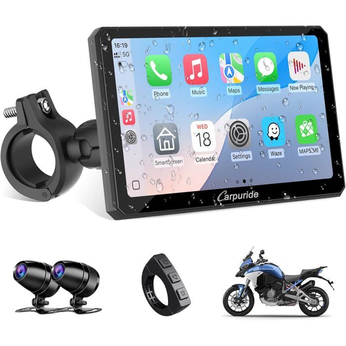 Écran Moto Carpuride W712D 7 HD 1080P avec Doubles Caméras CarPlay et Android Auto