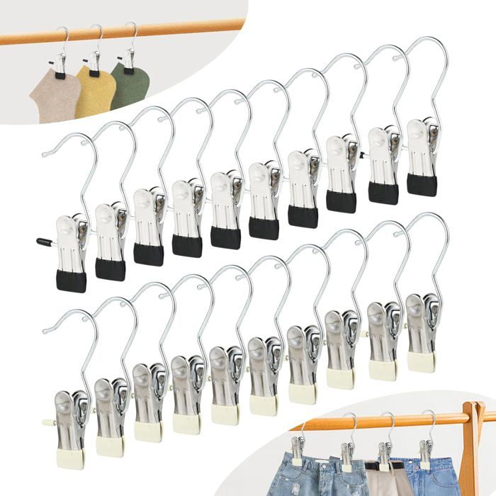 20 Pièces Crochet à Linge Portable Métal - Clips de Cintre à Linge en Acier Inoxydable-Cintre Pince Crochets - 360 °