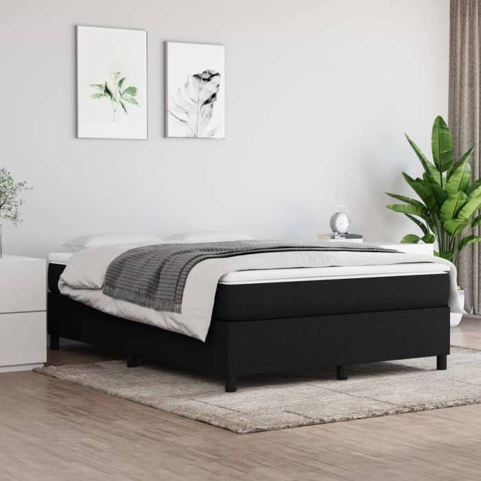 Cadre de lit à ressorts - Happiness - 140x190 cm - Noir - Tissu polyester - Contreplaqué - Bois dingénierie