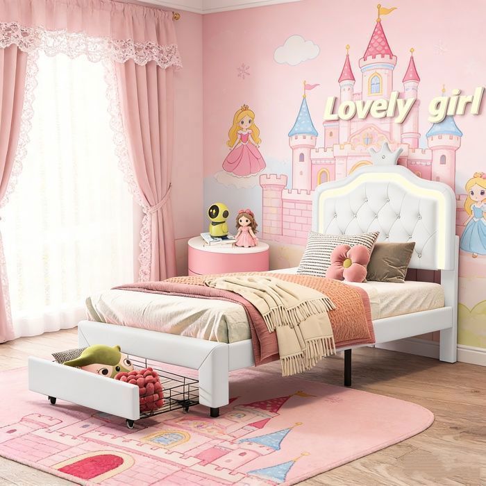 Lit enfant rembourré 90x200 Lit enfant avec tiroirs LED et tête de lit réglable Forme de couronne Sans matelas PU Blanc