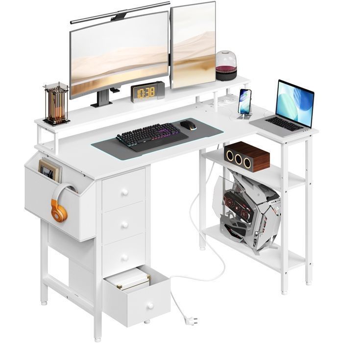 Bureau dordinateur en L Réversible120 cm Support décran 4 Tiroirs et Prises USB en Bois pour Travail et Gaming Blanc YAHEETECH