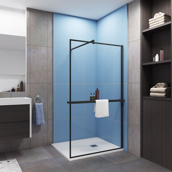 Paroi de douche à litalienne noir 90x200cm - 8mm verre sécurité + Étagère de Douche 90cm + barre de fixation avec pince 140cm