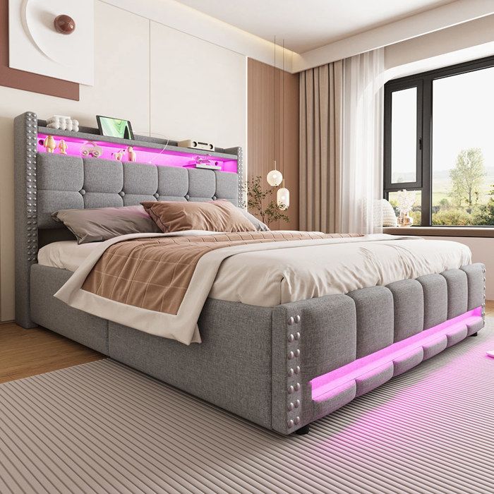 Lit coffre 160x200cm en lin - avec LED et prise USB - Coffre de rangement - Sommier à lattes - avec levier hydraulique - Gris clair
