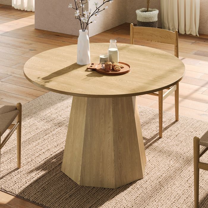 Table à Manger Ronde 120 cm Effet Chêne Clair Style Scandinave Moderne pour 4 à 6 Personnes
