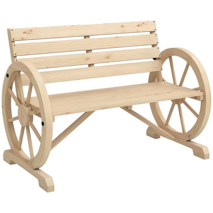 OUTSUNNY Banc De Jardin 3 Places Accoudoirs Roues Charette En Bois Naturel