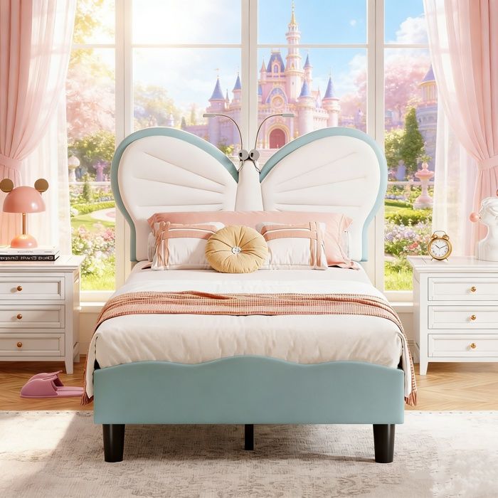 Lit enfant rembourré 90x190 - RAVAS - Lit enfant avec tête de lit à LED en papillon - Tête de lit réglable - Velours - Bleu