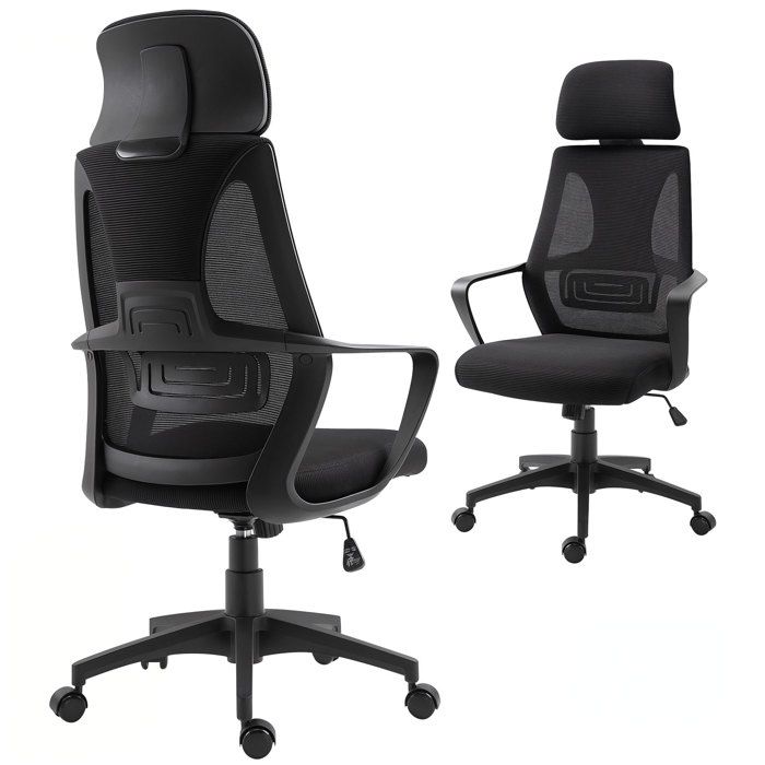 Chaise bureau ergonomique - Vinsetto - appui-tête hauteur réglable fonction bascule - maille - 64x55x126cm - noir