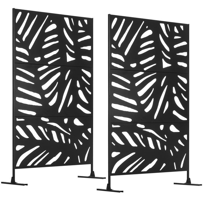 Lot de 2 panneaux brise vue - Outsunny - à motif végétal - acier - 122x45x198cm - noir
