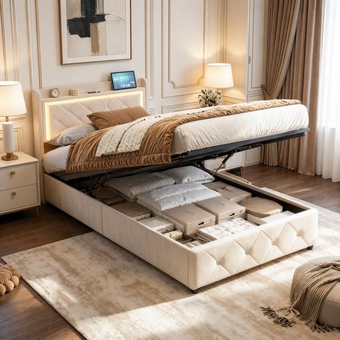 Lit Coffre 90x200cm Lit Simple LED avec Sommier Lit 1 Place avec USB/Type C Cadre de lit 90x200 Montage Facile Velours Beige