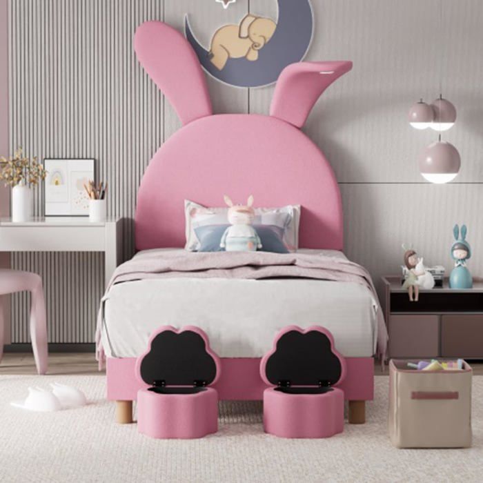 Lit simple 90x200cm - avec LED et deux banc de rangement - oreilles de lapin pliantes - lit enfant avec tête réglable en hauteur