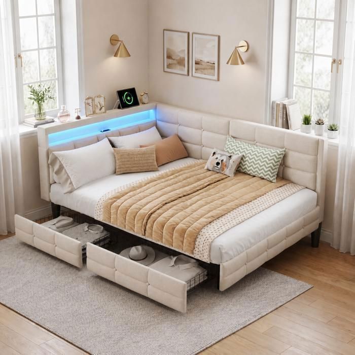 Lit dAngle 140x190 cm Beige en Lin - 2 Tiroirs de Rangement Tête de Lit avec LED et Port USB - Style Moderne et Pratique
