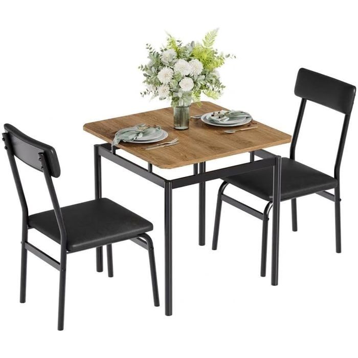 Ensemble table et chaise de salle à manger-Table Bois et 2 chaises PU Cadre métal Noir Industriel-pour Cuisine Appartement Noir