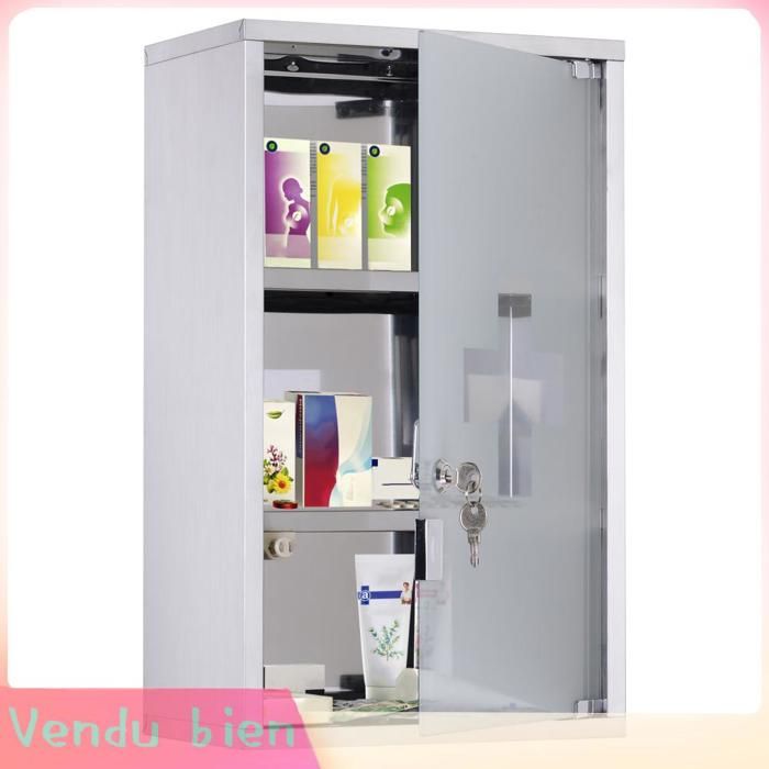 LIA Armoire pharmacie murale 3 niveaux inox porte verre verrouillable 2 clés
