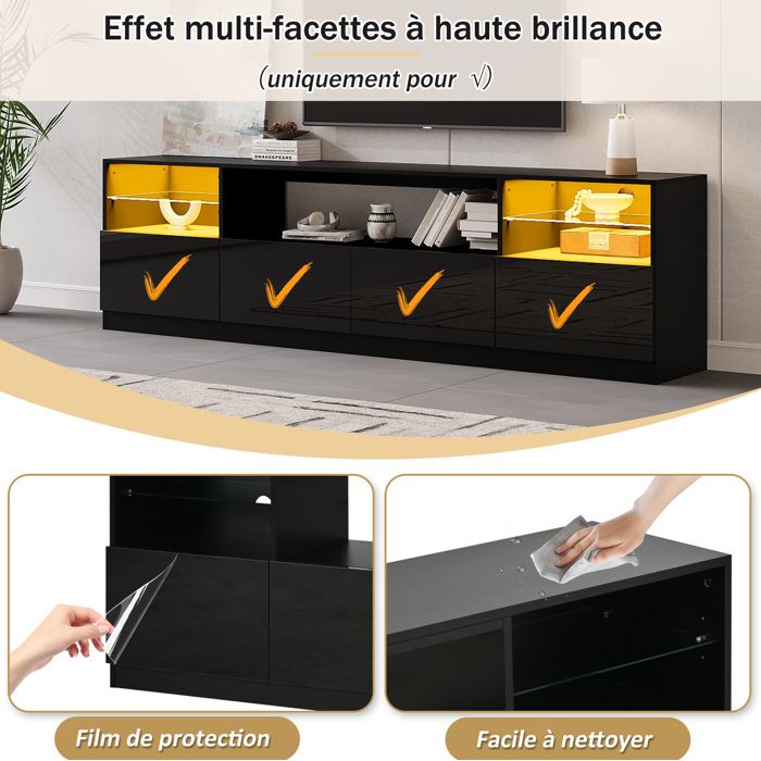 Meuble TV LED noir brillant en panneaux de particules 4 portes 8 espaces de rangement 180 x 35 x 60 cm