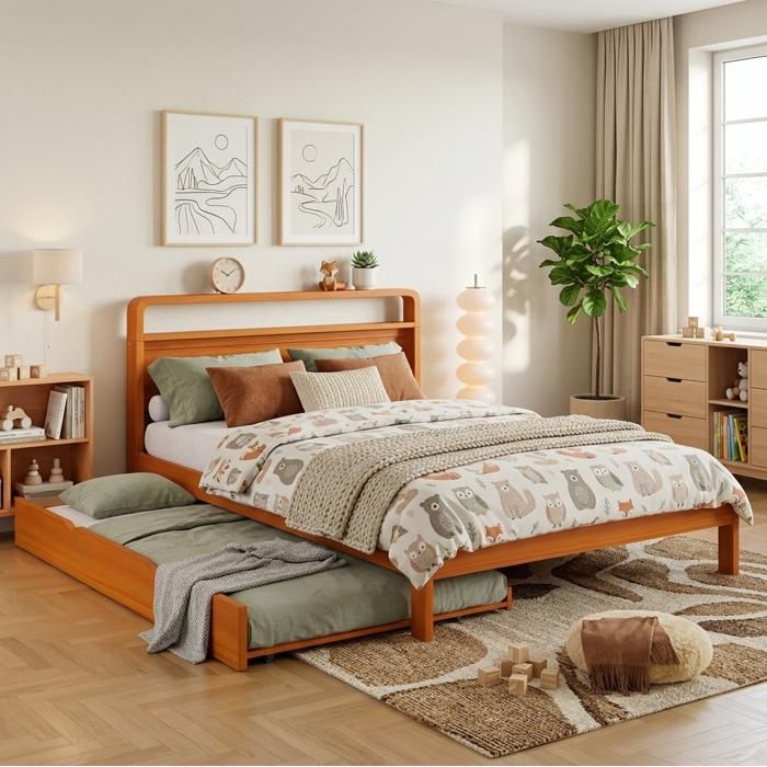 Lit gigogne Double 140×200 cm et 90×190 cm 2-en-1 gain de place - ELVMI - sans matelas bois - naturel